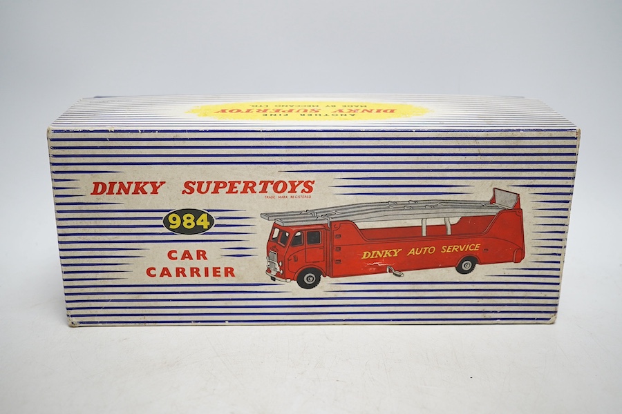 A Dinky Supertoys Car Carrier (984), boxed with inner card packing pieces. Condition - fair to good, vehicle with very minor wear only, some wear and damage to the packing pieces inside the box